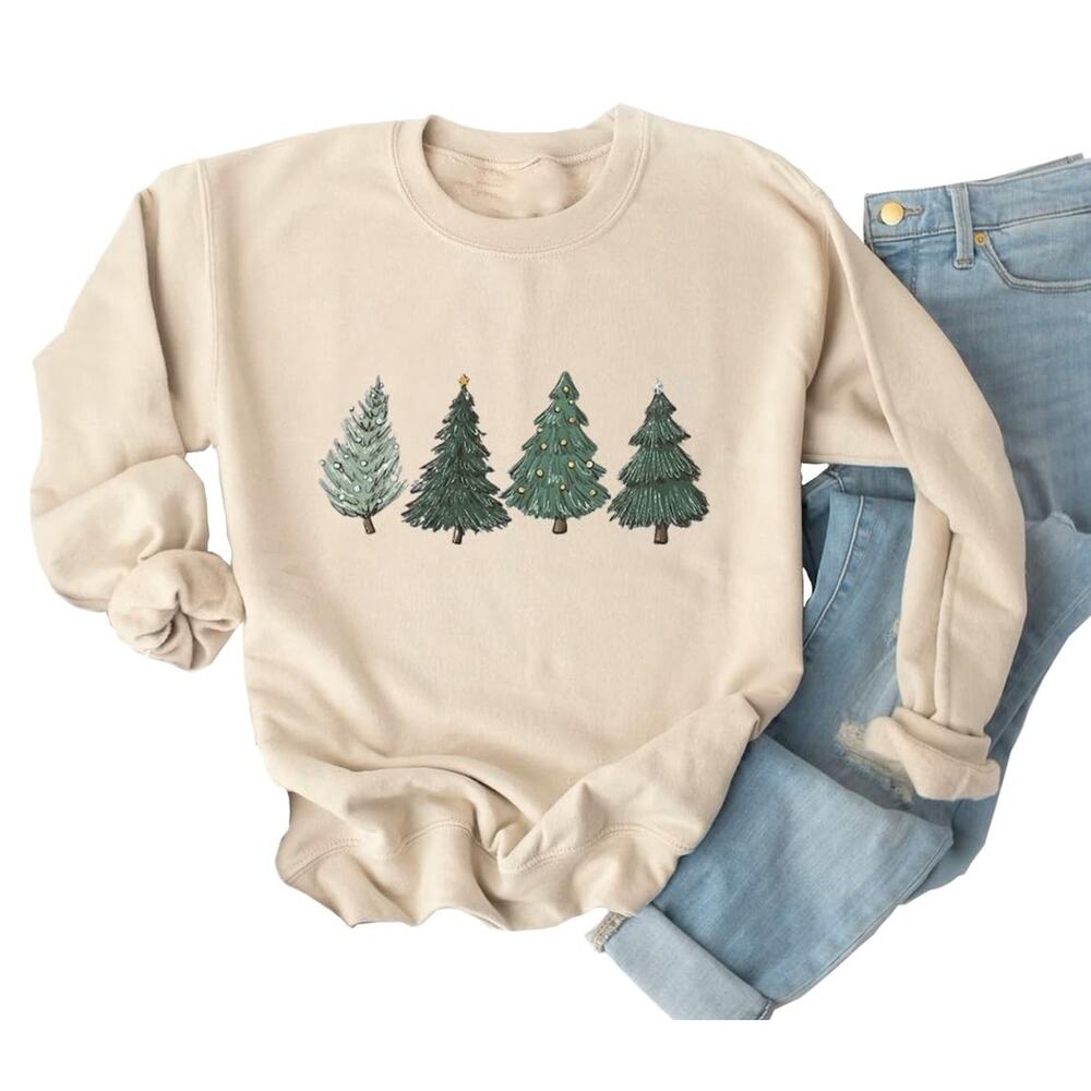 Womens Crewneck Sweatshirt Medium Cream Christmas Tree Graphic Pullover Holiday